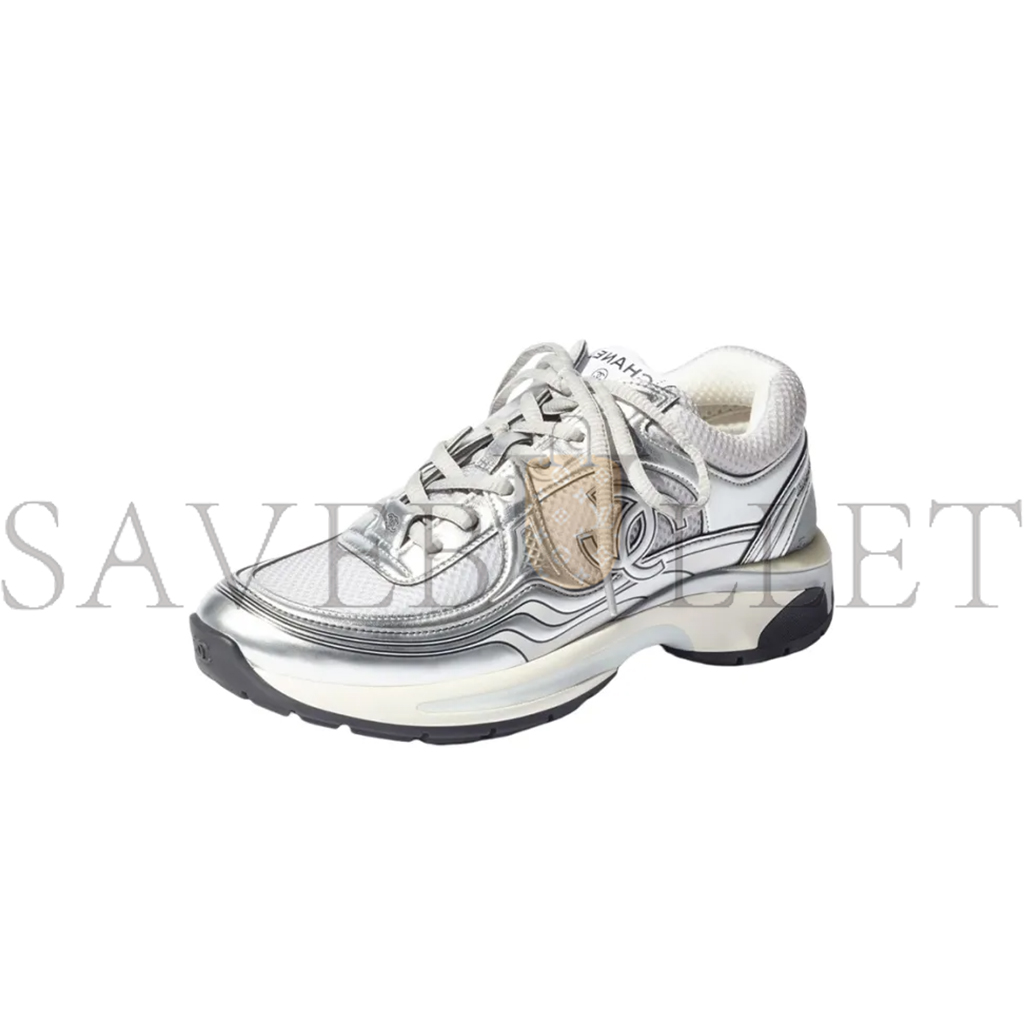 Ch*el fabric laminated calfskin stretch cc sneakers white silver g39792